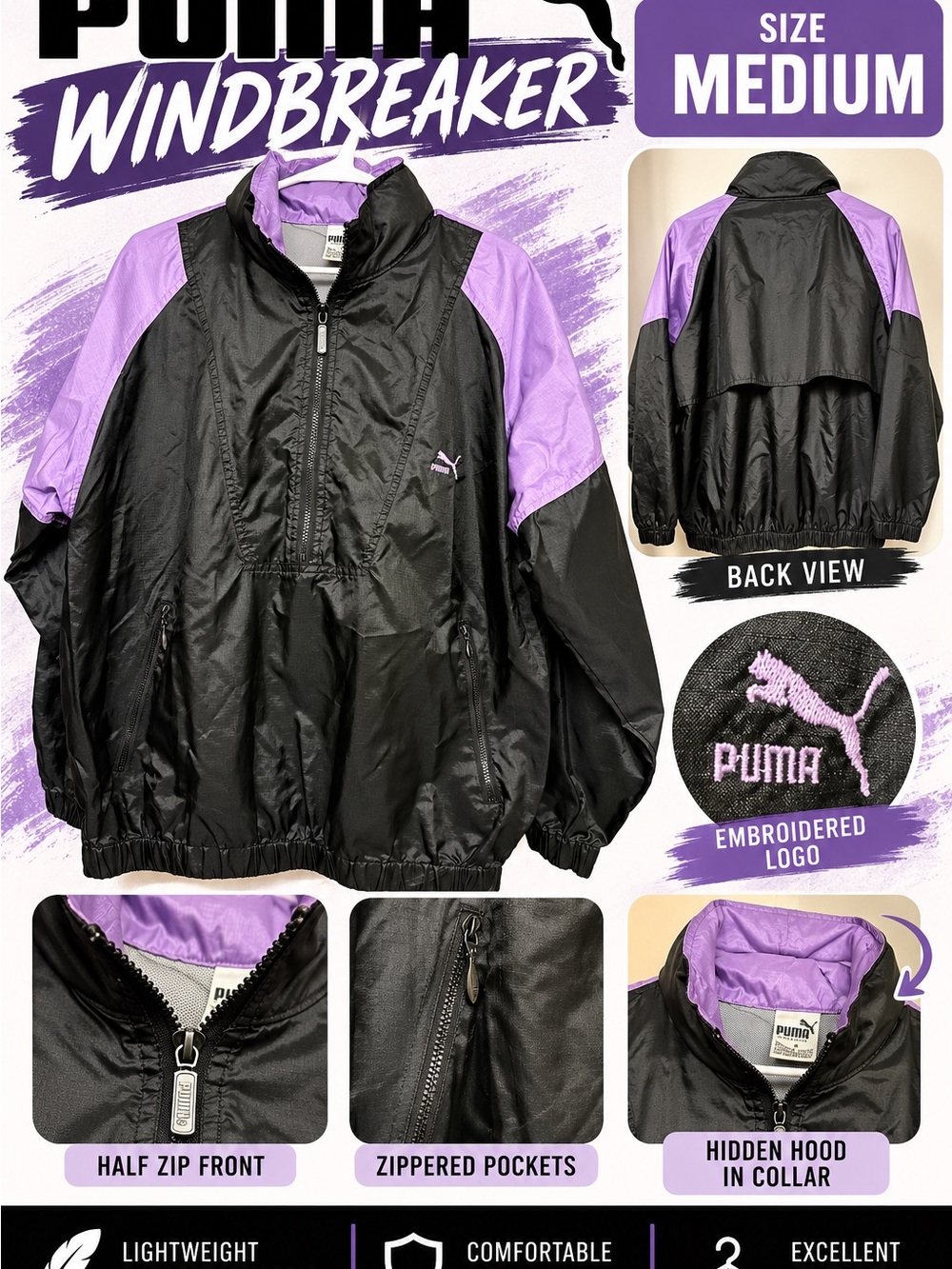 Vintage-Style Puma Black & Purple Windbreaker – Size Medium